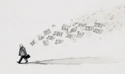 Banker walking away with storm of money behind