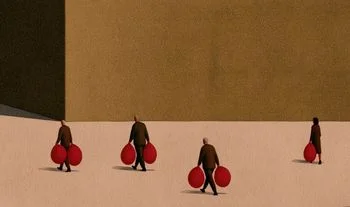 people with big red bags