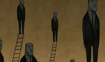 suited men on ladders 